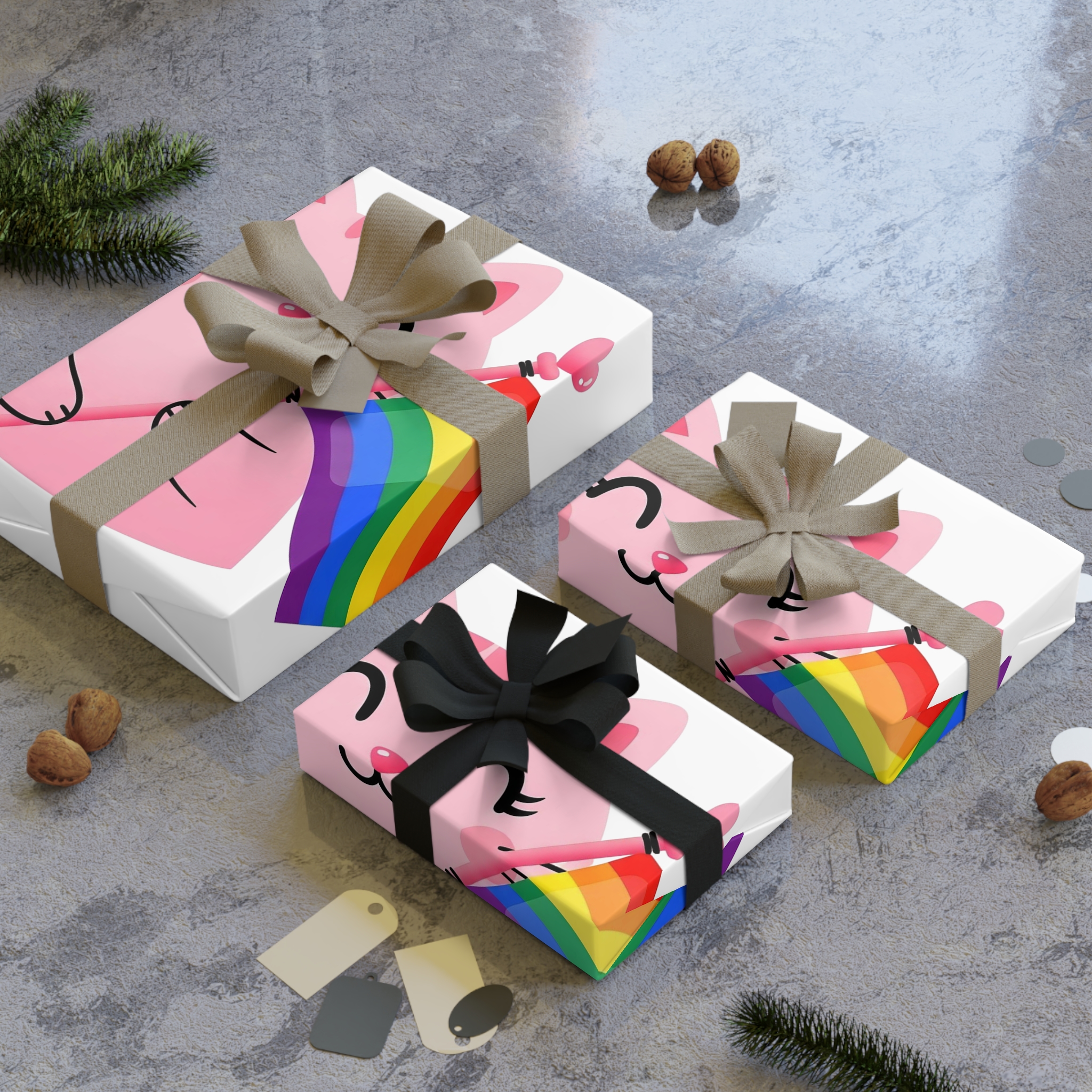Cute Pink Cat With Rainbow Pride Flag Gift Wrapping Paper Rolls 1pc - Image 4