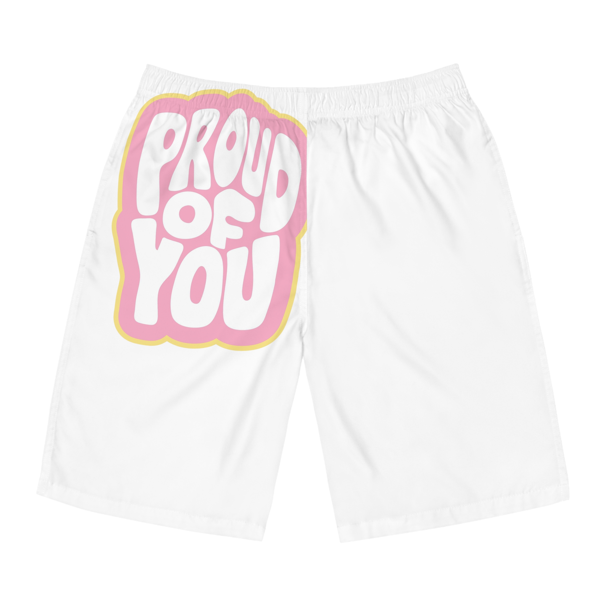 Colorful Retro Bubble Letter Typography Sticker Saying Proud You Mens Board Shorts Aop