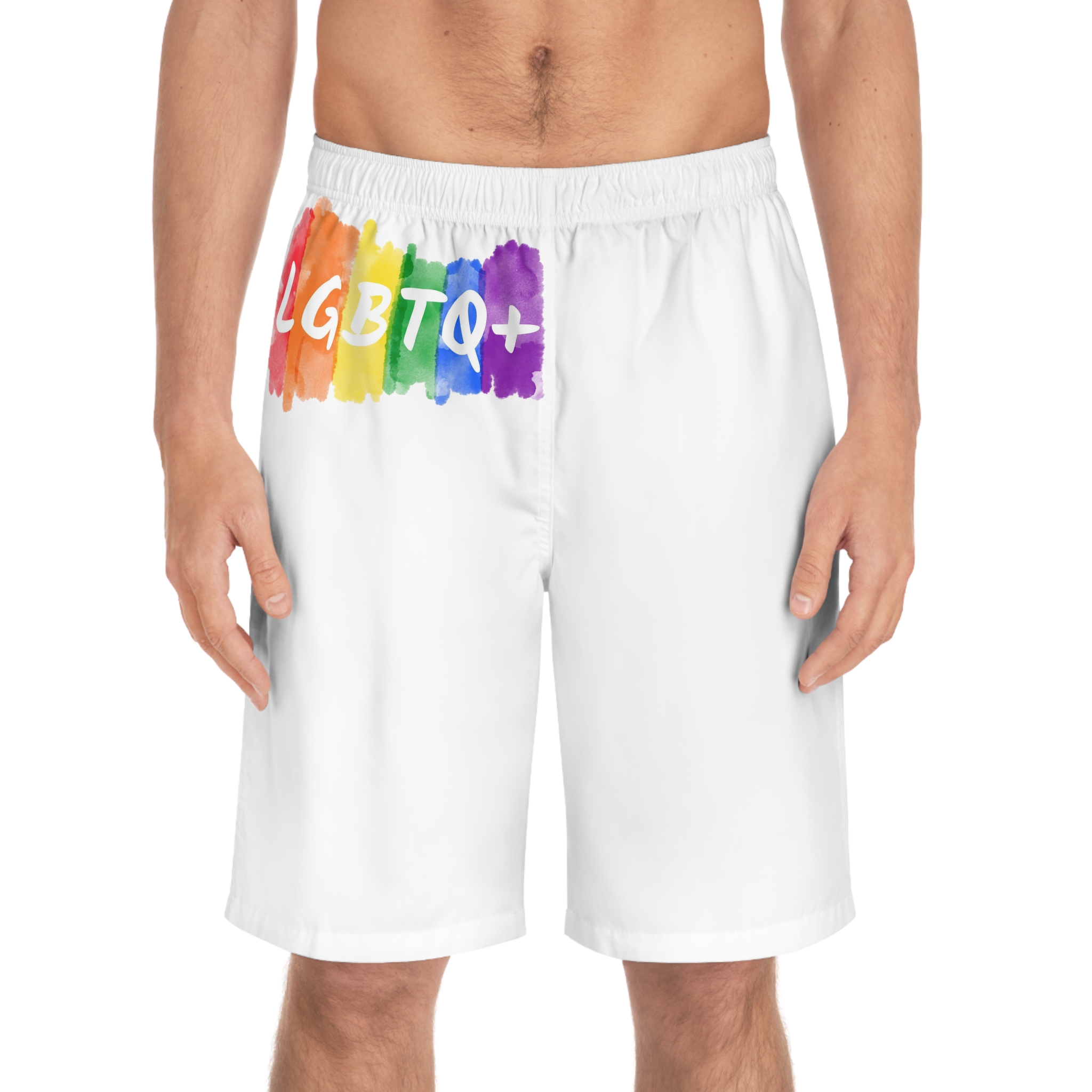Lgbtq Logo Lettering Text Vector Rainbow Watercolor Paint Textured Colorful Stripes Mens Board Shorts Aop - Image 3