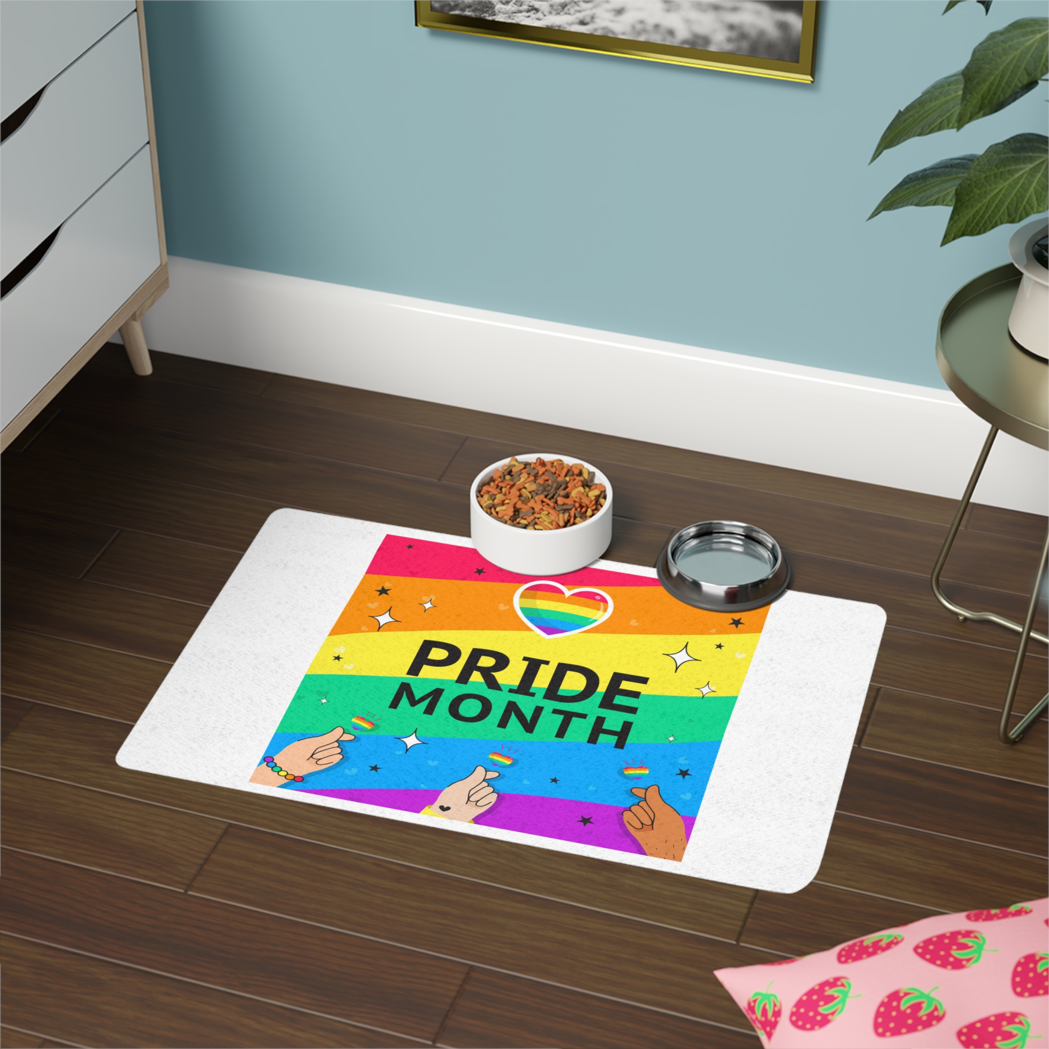 Pride Month Greeting Card Vector Illustration Hand Symbol Mini Heart Rainbow Flag Pet Food Mat 12x18 - Image 4
