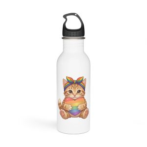 Cute Kitten Holding Rainbow Heart Pride Month Tshirt Design Stainless Steel Water Bottle