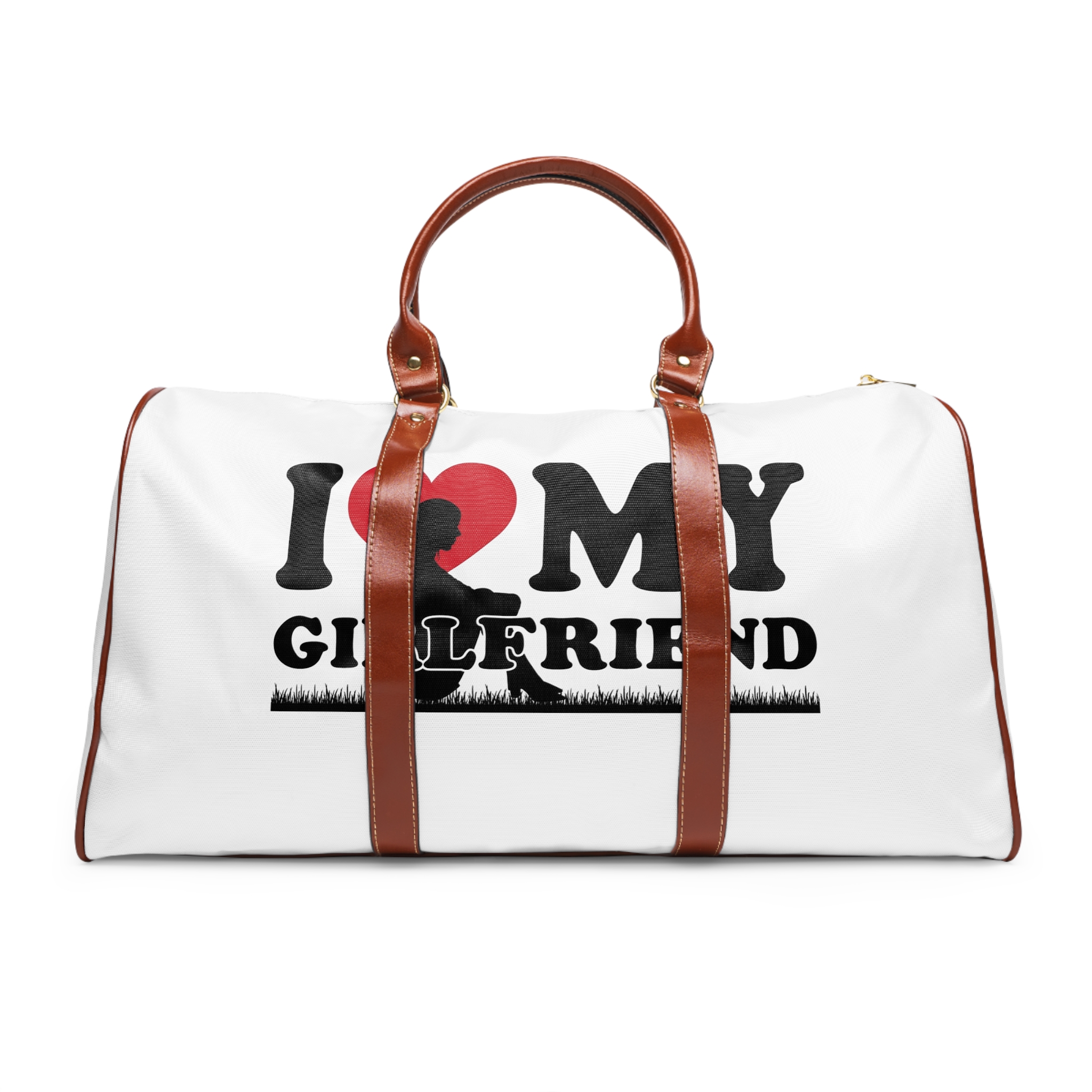 I Love My Girlfriend With Heart Accompanied By Silhouette Girl Sitting Grass Field Waterproof Travel Bag