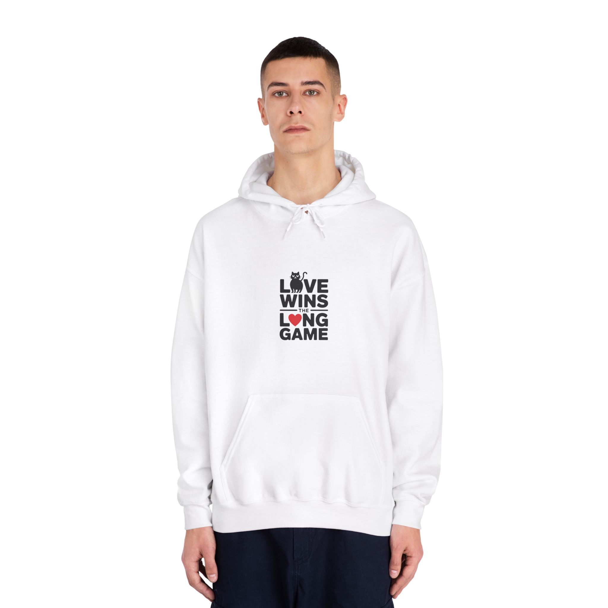 Love Wins Long Game With Black Cat Heart Illustration Unisex Dryblend Hooded Sweatshirt - Image 3