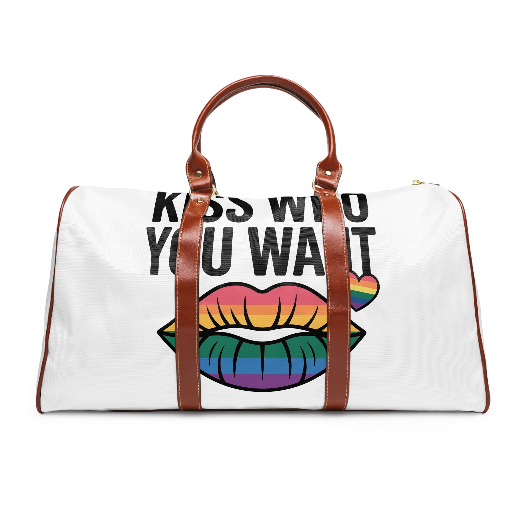 Kiss Who You Want T Shirt Design Isolated White Background Waterproof Travel Bag
