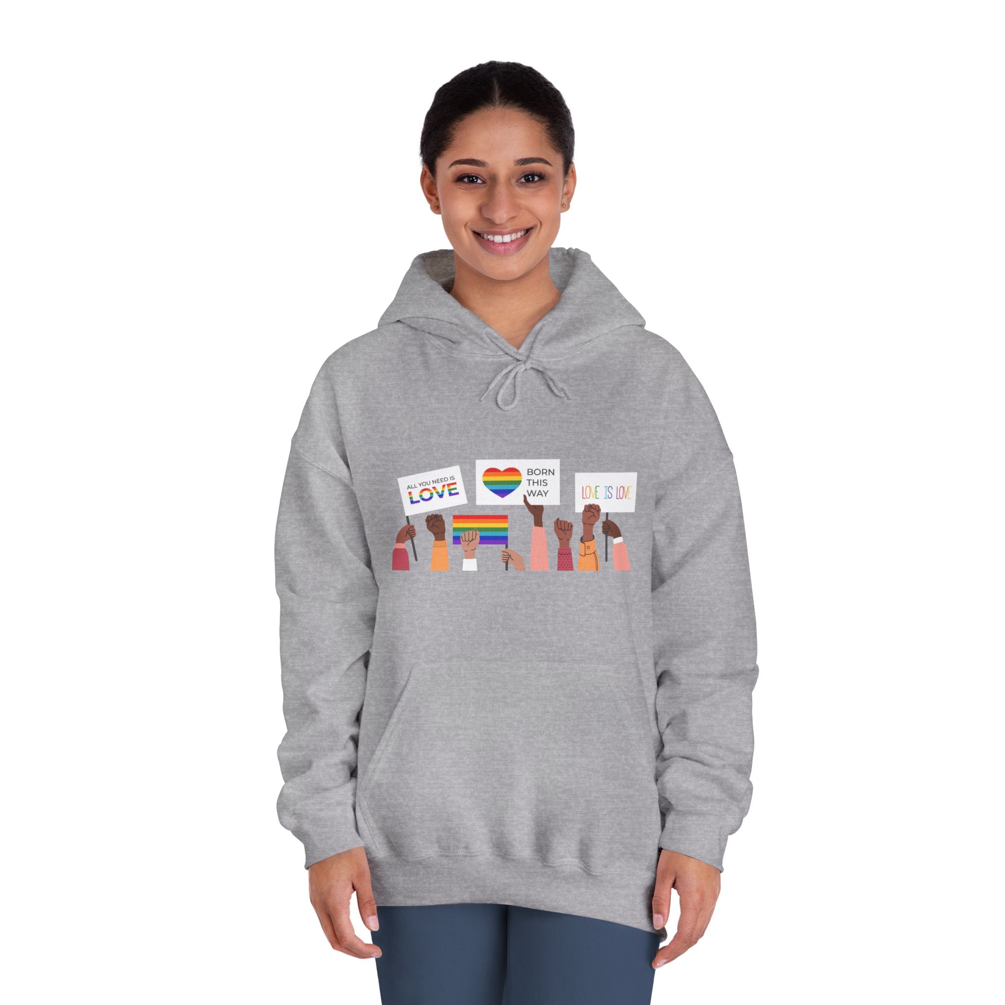 People Holding Lgbt Posters Symbols Signs Flags With Rainbows Pride Month Human Rights Love Is Love Unisex Dryblend Hooded Sweatshirt - Image 16