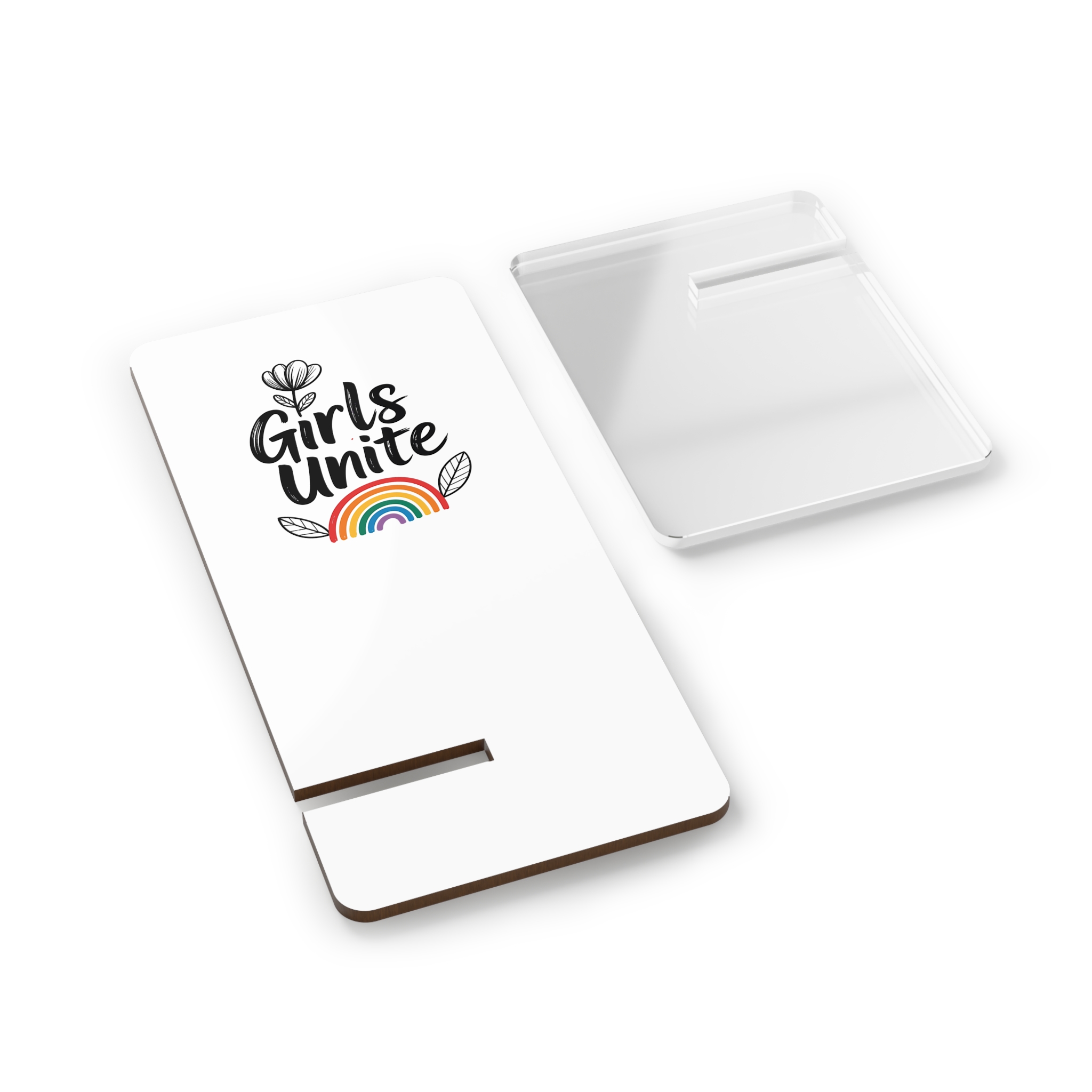 Empowering Girls Unite Slogan With Rainbow Floral Accents Mobile Display Stand For Smartphones - Image 2