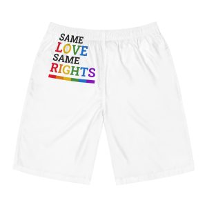 Same Love Same Rights Lgbtq Pride Month Quote Typographic Art With Rainbow Flag White Background Mens Board Shorts Aop