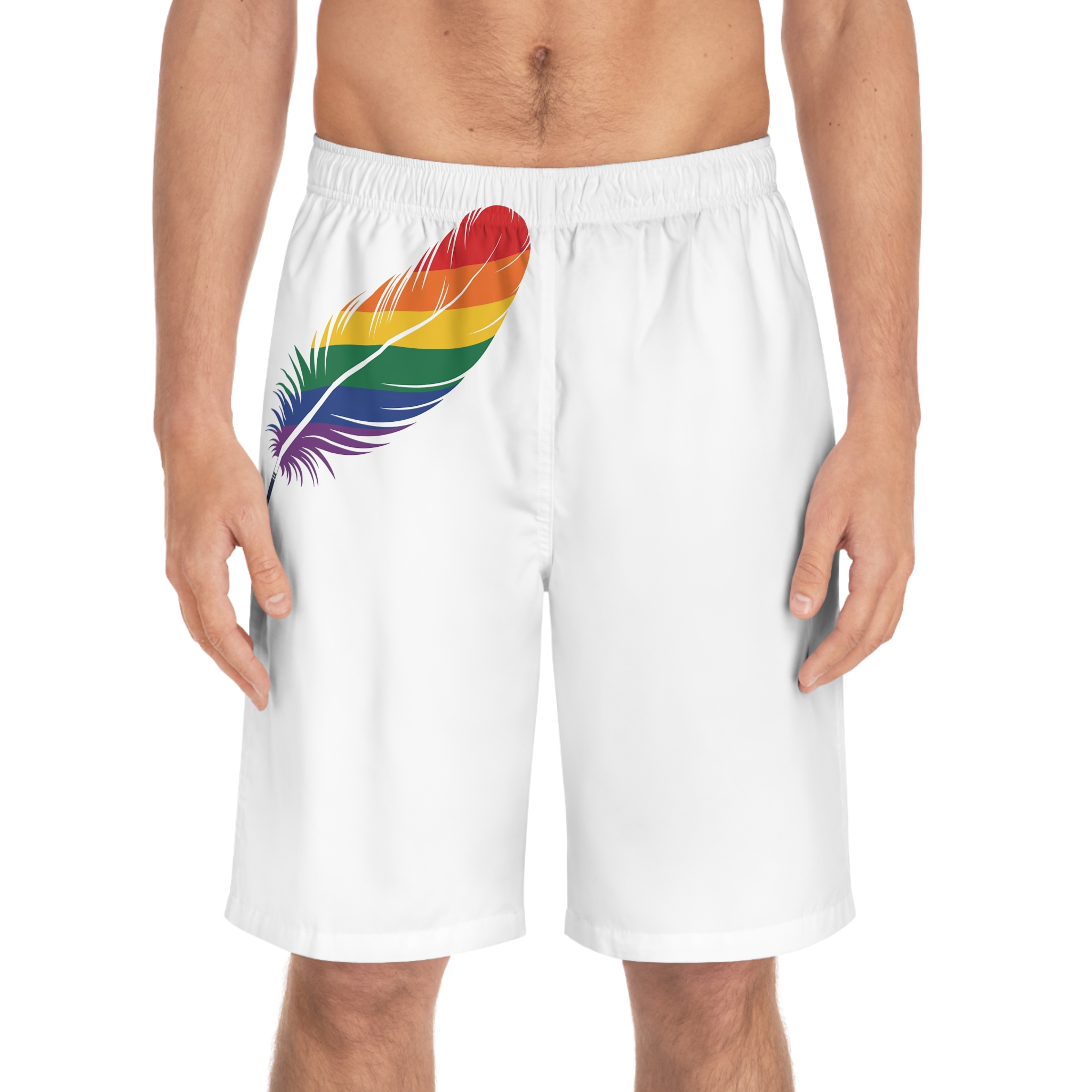 Single Feather Adorned With Vibrant Colors Rainbow Flag Mens Board Shorts Aop - Image 3