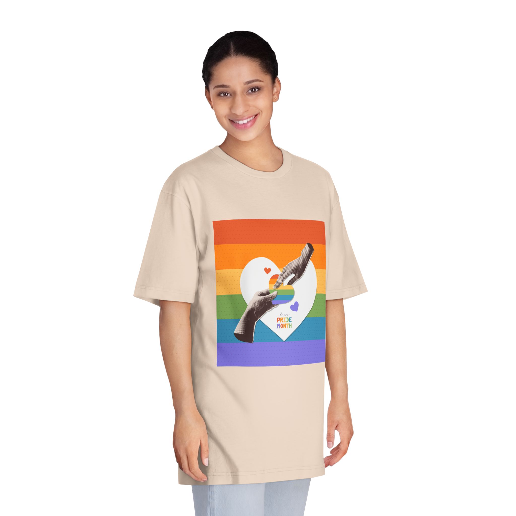 Retro Nostalgic Banner Pride Month Halftone Hands Holding Striped Heart Vintage Collage With - Unisex Classic Crewneck T Shirt - Image 11
