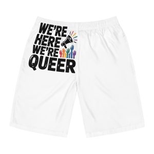 Were Here Were Queer T Shirt Design Isolated White Background Mens Board Shorts Aop