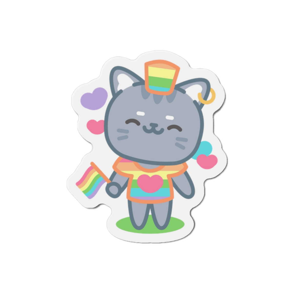 Cute Grey Cat With Rainbow Pride Flag Heart Illustration Die Cut Magnets