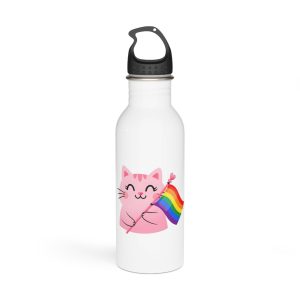 Cute Pink Cat With Rainbow Pride Flag Stainless Steel Water Bottle
