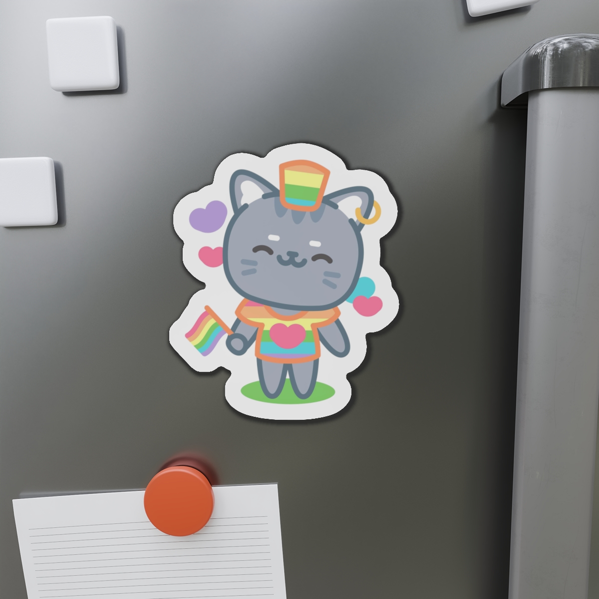 Cute Grey Cat With Rainbow Pride Flag Heart Illustration Die Cut Magnets - Image 14