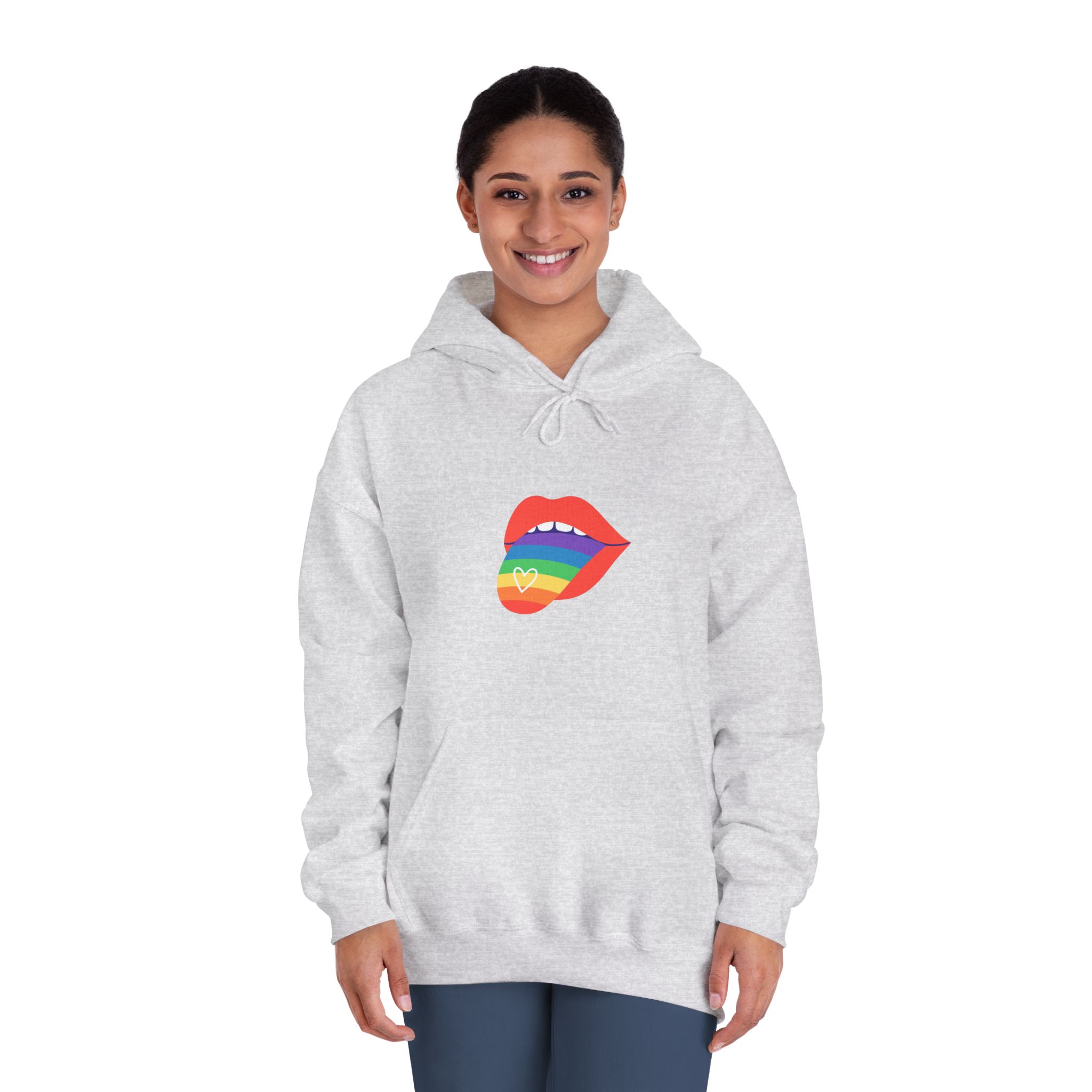 Open Red Lips With Rainbow Tongue Hand Drawn Vector Illustration Unisex Dryblend Hooded Sweatshirt - Image 8