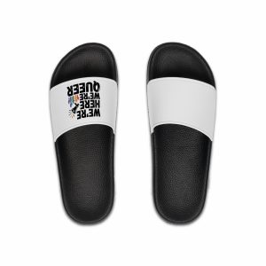 Were Here Were Queer T Shirt Design Isolated White Background Mens Slide Sandals