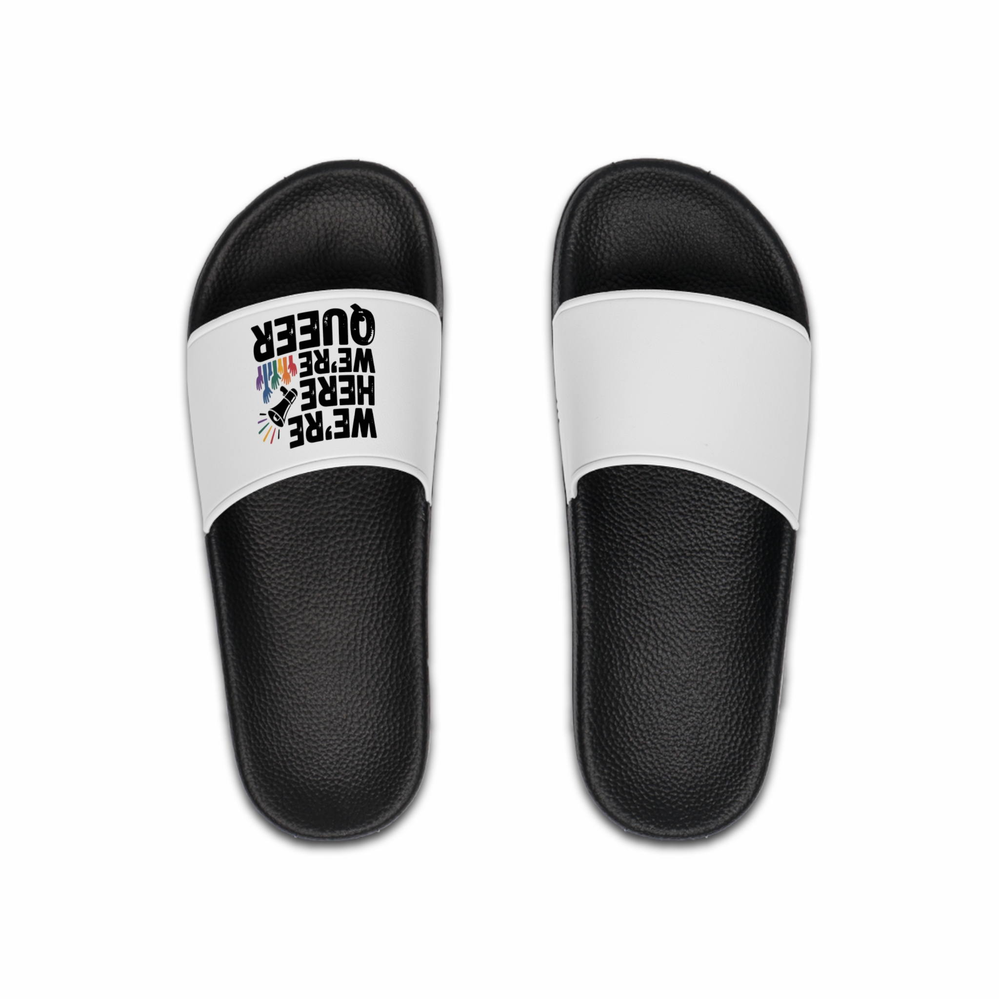Were Here Were Queer T Shirt Design Isolated White Background Mens Slide Sandals