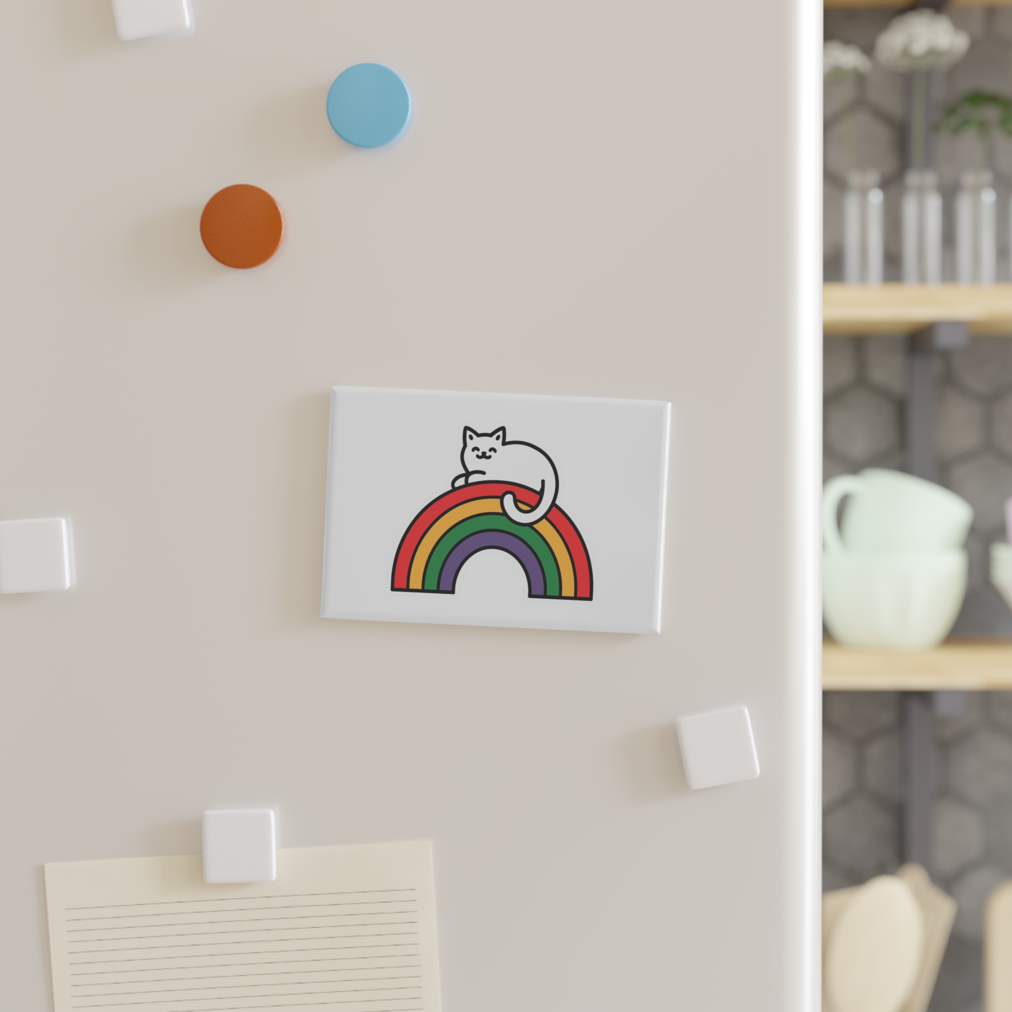 Cartoon Cat Lying Rainbow Illustration With Cheerful Expression Button Magnet Rectangle 1 And 10 Pcs - Image 3