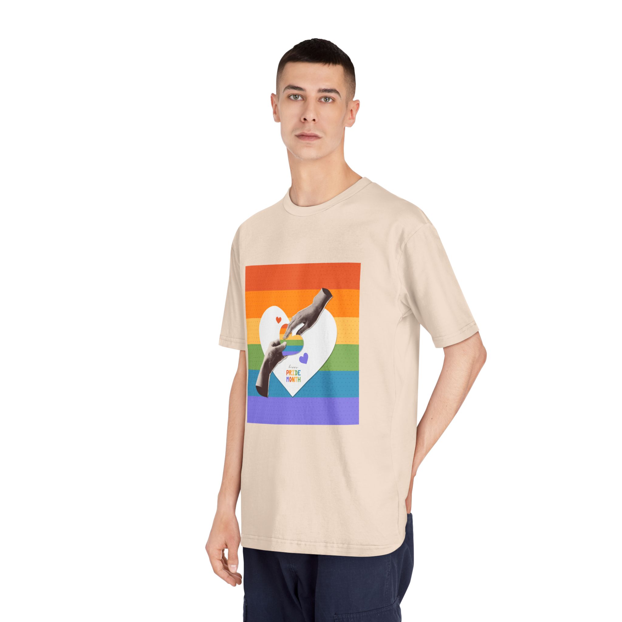 Retro Nostalgic Banner Pride Month Halftone Hands Holding Striped Heart Vintage Collage With - Unisex Classic Crewneck T Shirt - Image 12