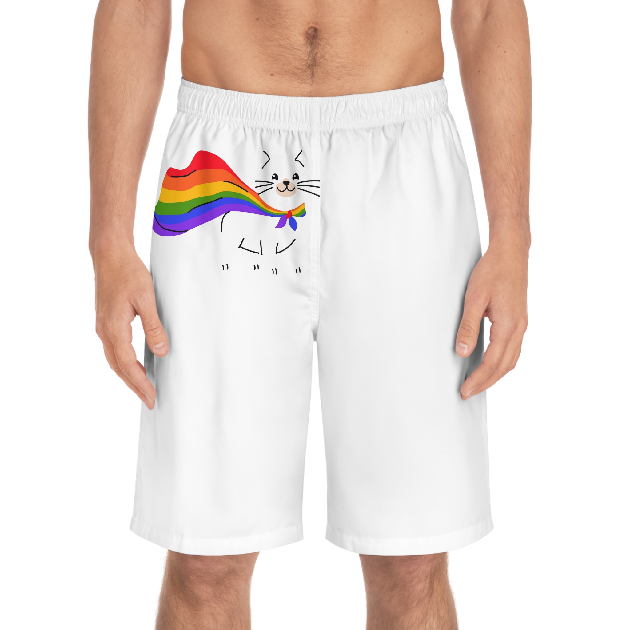 Kawaii Cat With Lgbtq Rainbow Flag Cartoon Mens Board Shorts Aop - Image 3