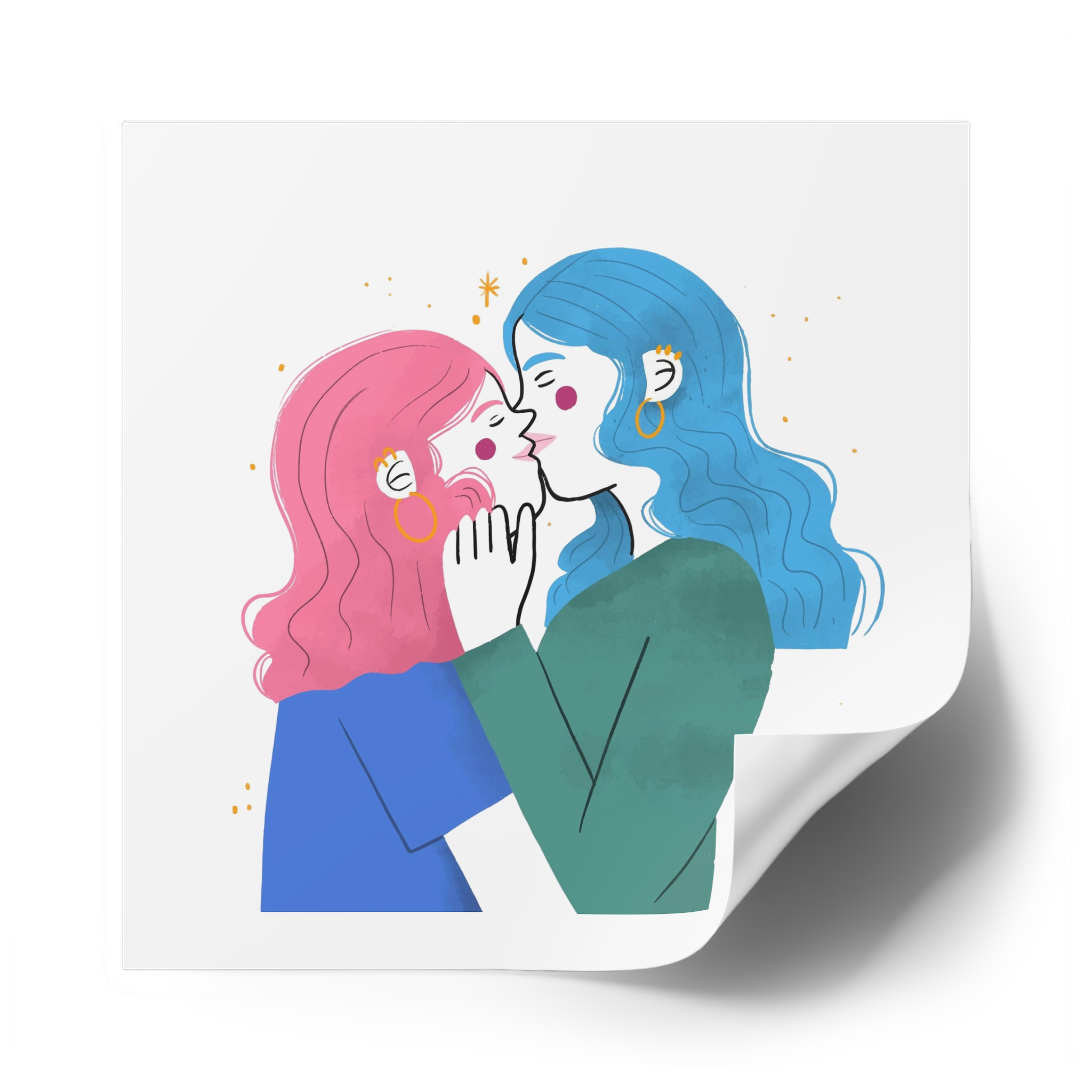 Hand Drawn Lesbian Kiss Illustration Laminate Stickers Square - Image 50