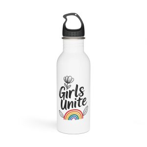 Empowering Girls Unite Slogan With Rainbow Floral Accents Stainless Steel Water Bottle