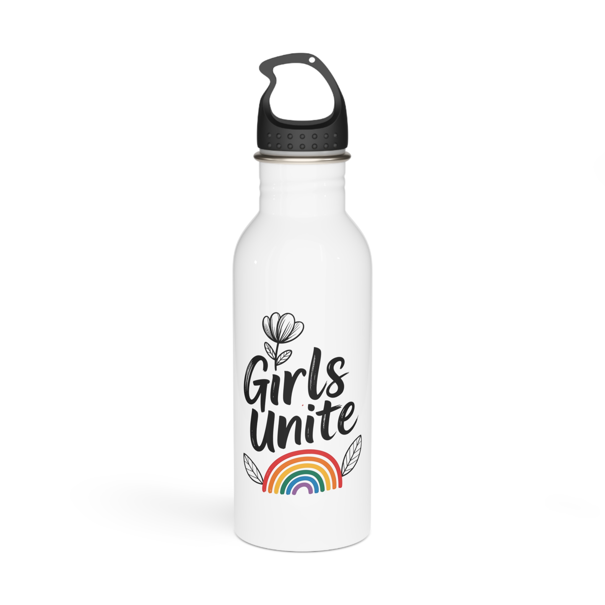 Empowering Girls Unite Slogan With Rainbow Floral Accents Stainless Steel Water Bottle