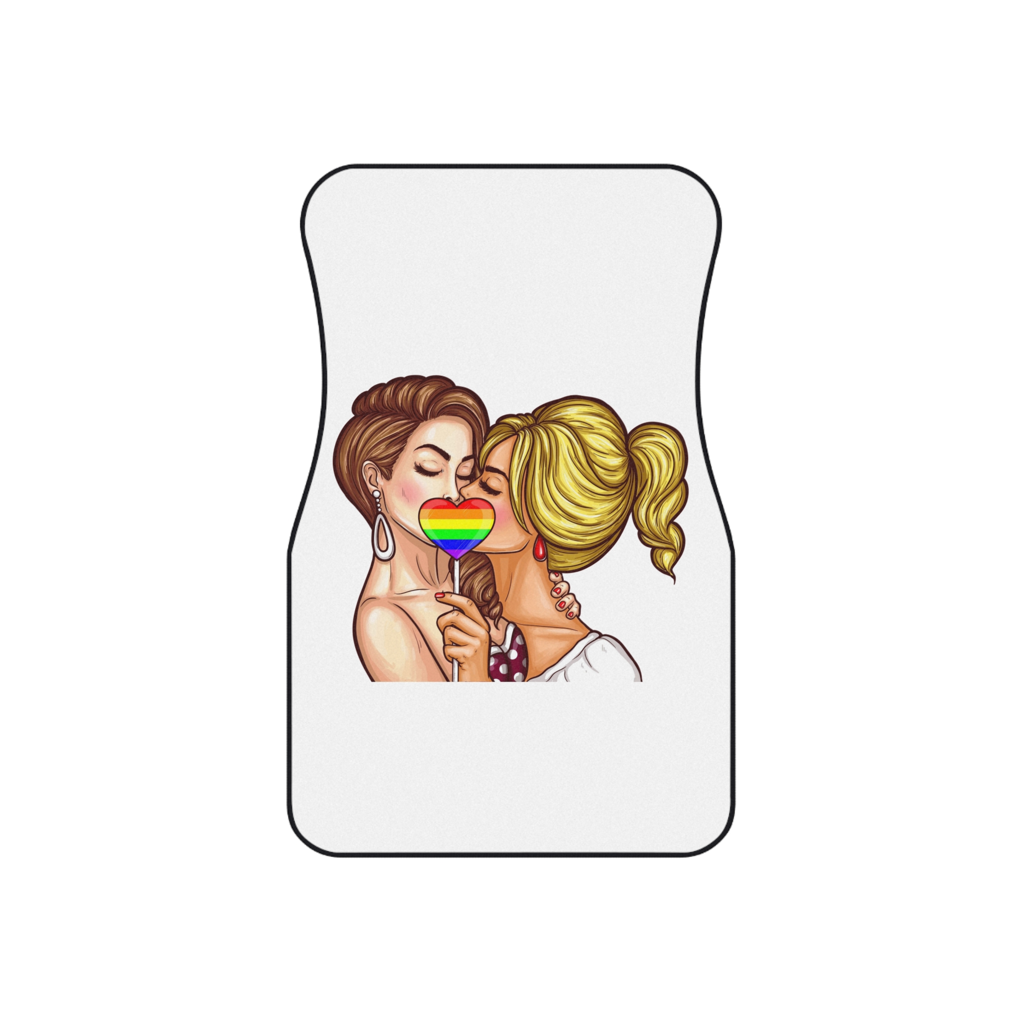 Vector Pop Art Lesbian Couple Kissing Covering Their Lips With Sign Stick Form Rainbow Heart Car Mats Set Of 4 - Image 2