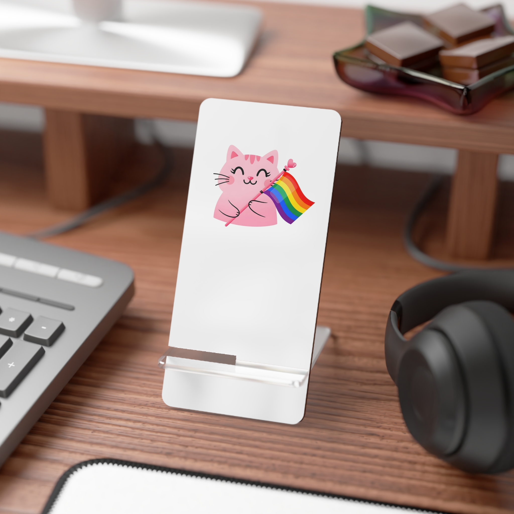 Cute Pink Cat With Rainbow Pride Flag1 Mobile Display Stand For Smartphones - Image 3
