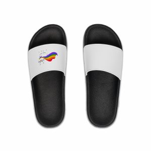 Kawaii Cat With Lgbtq Rainbow Flag Cartoon Mens Slide Sandals