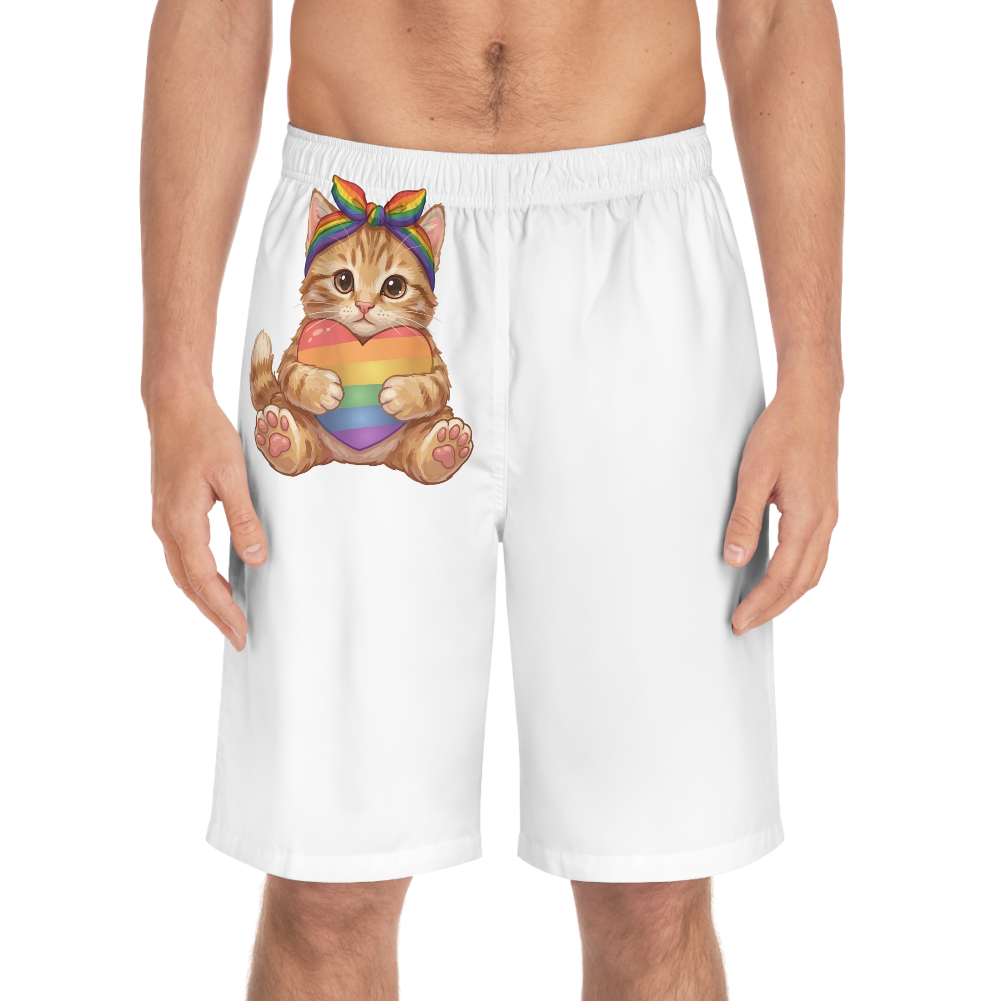 Cute Kitten Holding Rainbow Heart Pride Month Tshirt Design Mens Board Shorts Aop - Image 3