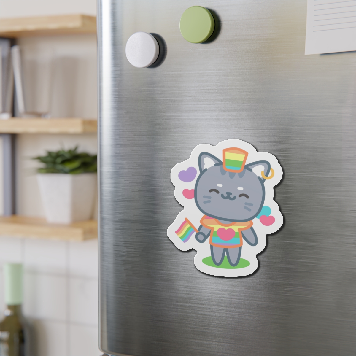Cute Grey Cat With Rainbow Pride Flag Heart Illustration Die Cut Magnets - Image 12
