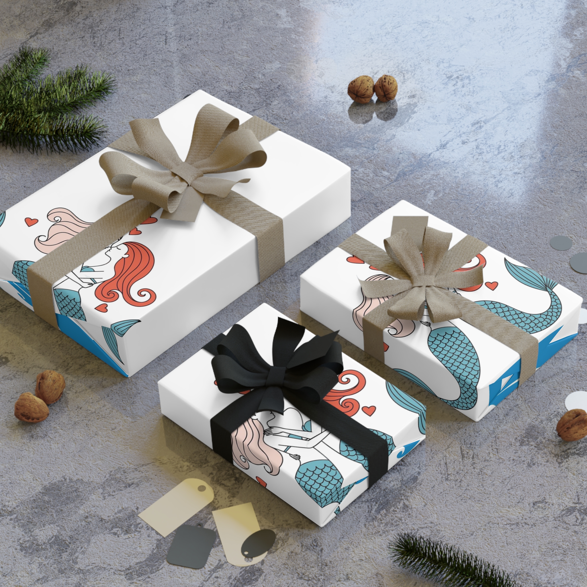 Two Mermaids Love With Hearts Their Heads Gift Wrapping Paper Rolls 1pc - Image 8