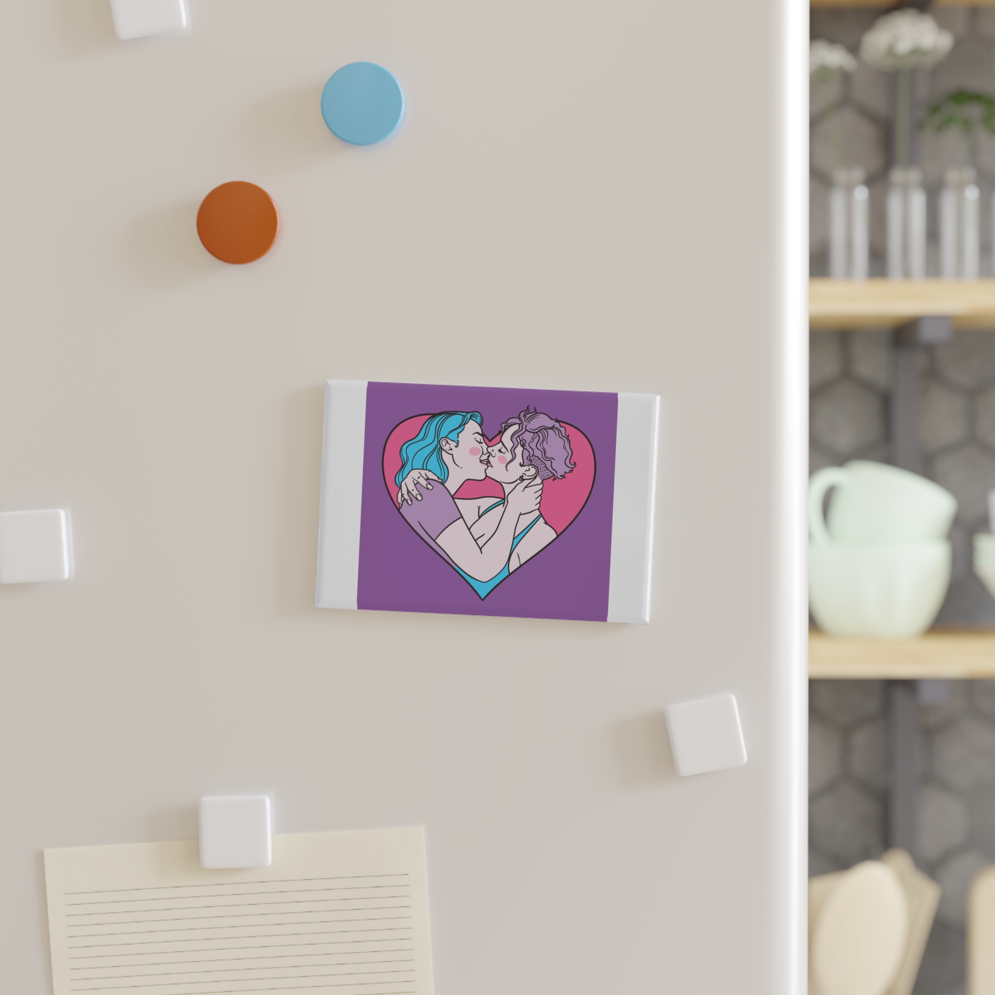 Hand Drawn Affectionate Lesbian Kiss Button Magnet Rectangle 1 And 10 Pcs - Image 3