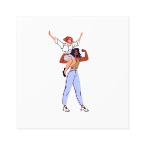 Happy Feminists Celebrate Success Winning Diverse Women Cheer Hands Up Support Feminism Strong Girl Holds Her Friend Shoulder Flat Isolated Vector Illustration White Background Laminate Stickers...