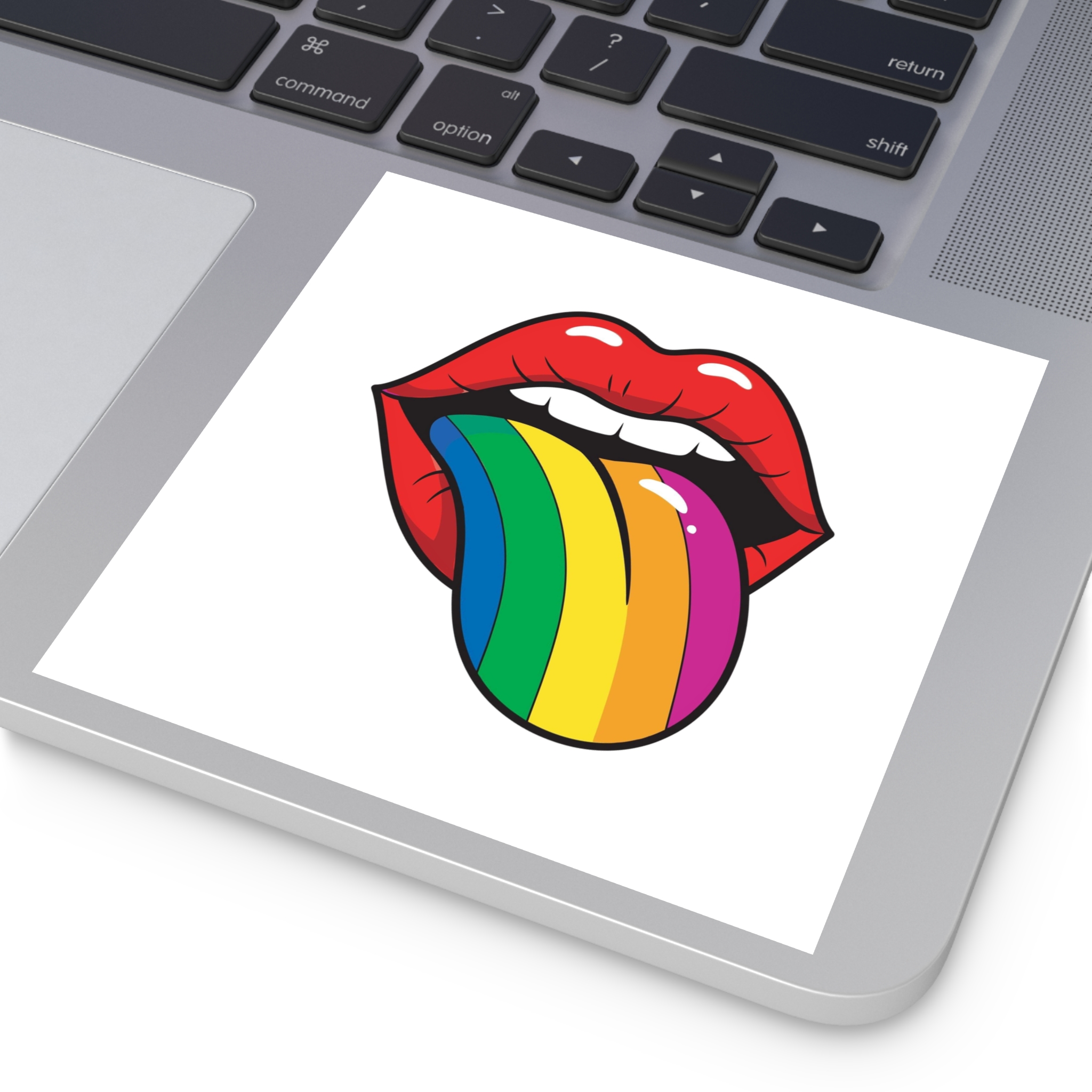 Pop Art Illustration Open Red Lips With Long Colorful Rainbow Tongue Sticking Out Now Laminate Stickers Square - Image 35