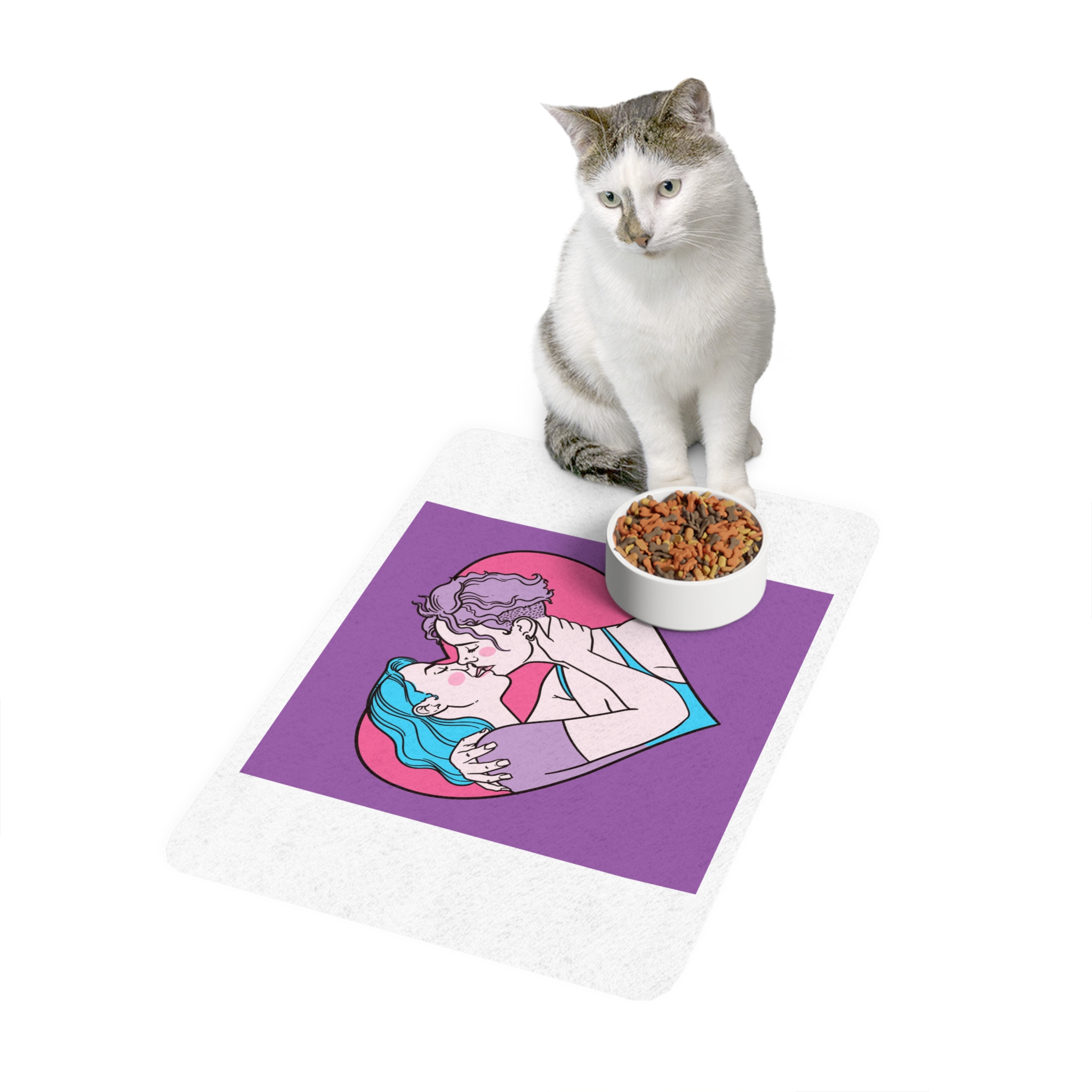 Hand Drawn Affectionate Lesbian Kiss Pet Food Mat 12x18 - Image 3