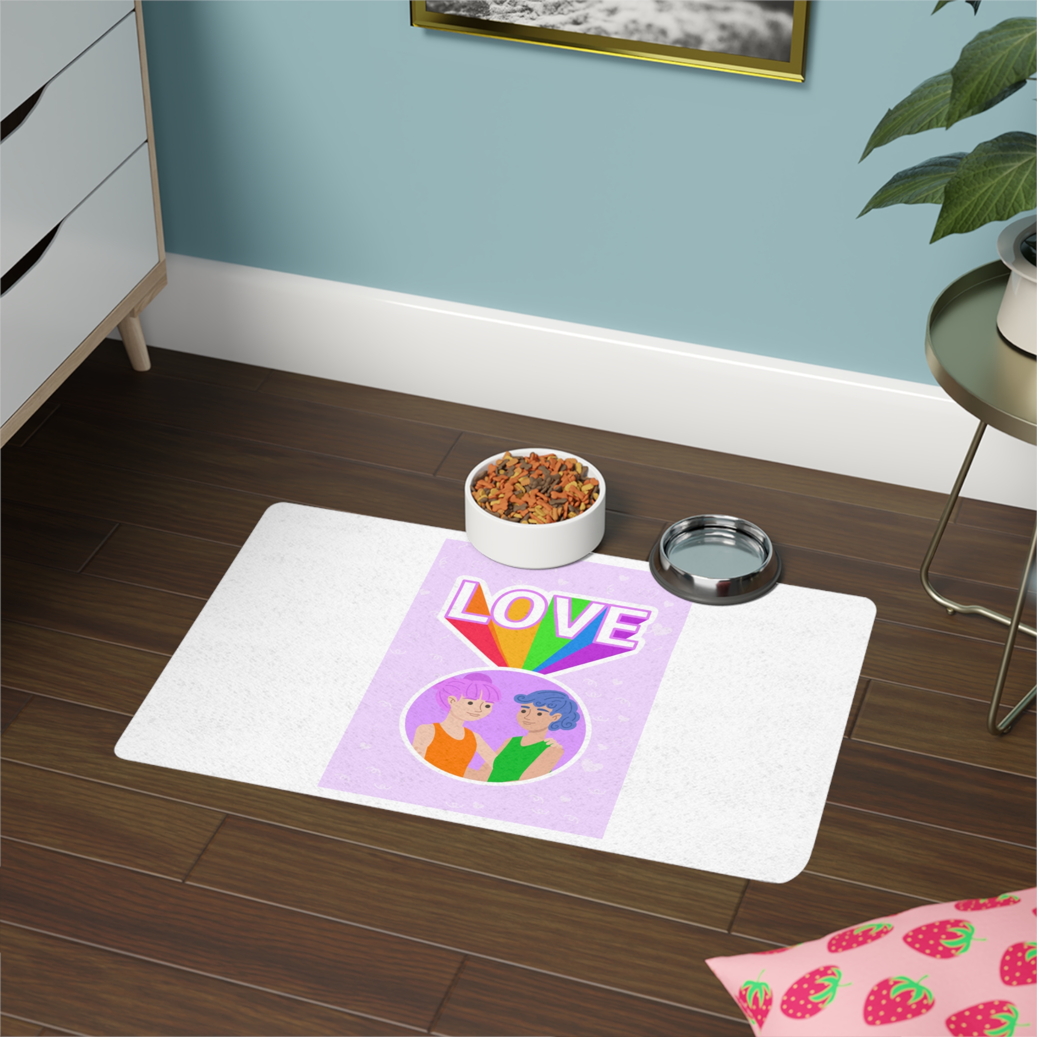 Young Couple Embracing With Rainbow Love Text Celebrating Pride Month Pet Food Mat 12x18 - Image 4