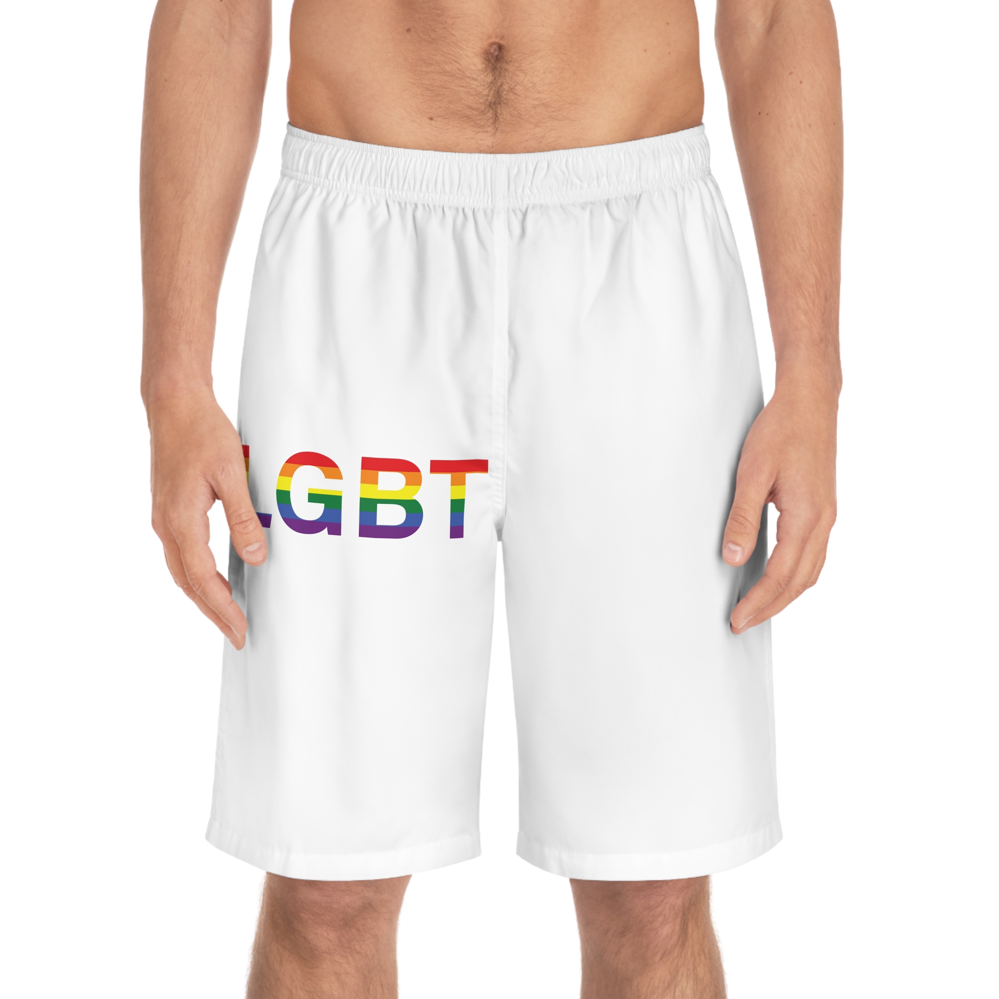 Lgbt Word Text Letter Rainbow Color Flag Isolated White Background Vector Illustration(1) Mens Board Shorts Aop - Image 3