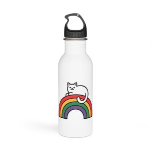 Cartoon Cat Lying Rainbow Illustration With Cheerful Expression Stainless Steel Water Bottle