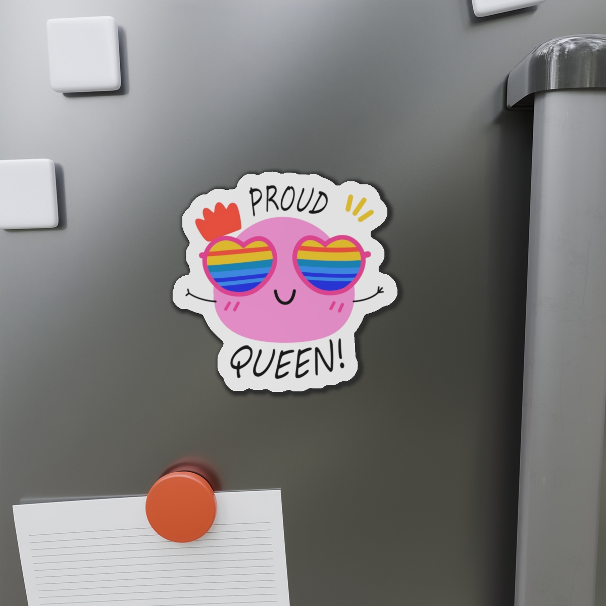 Pink Blob With Rainbow Heart Sunglasses Saying Proud Queen Flat Sticker Die Cut Magnets - Image 11