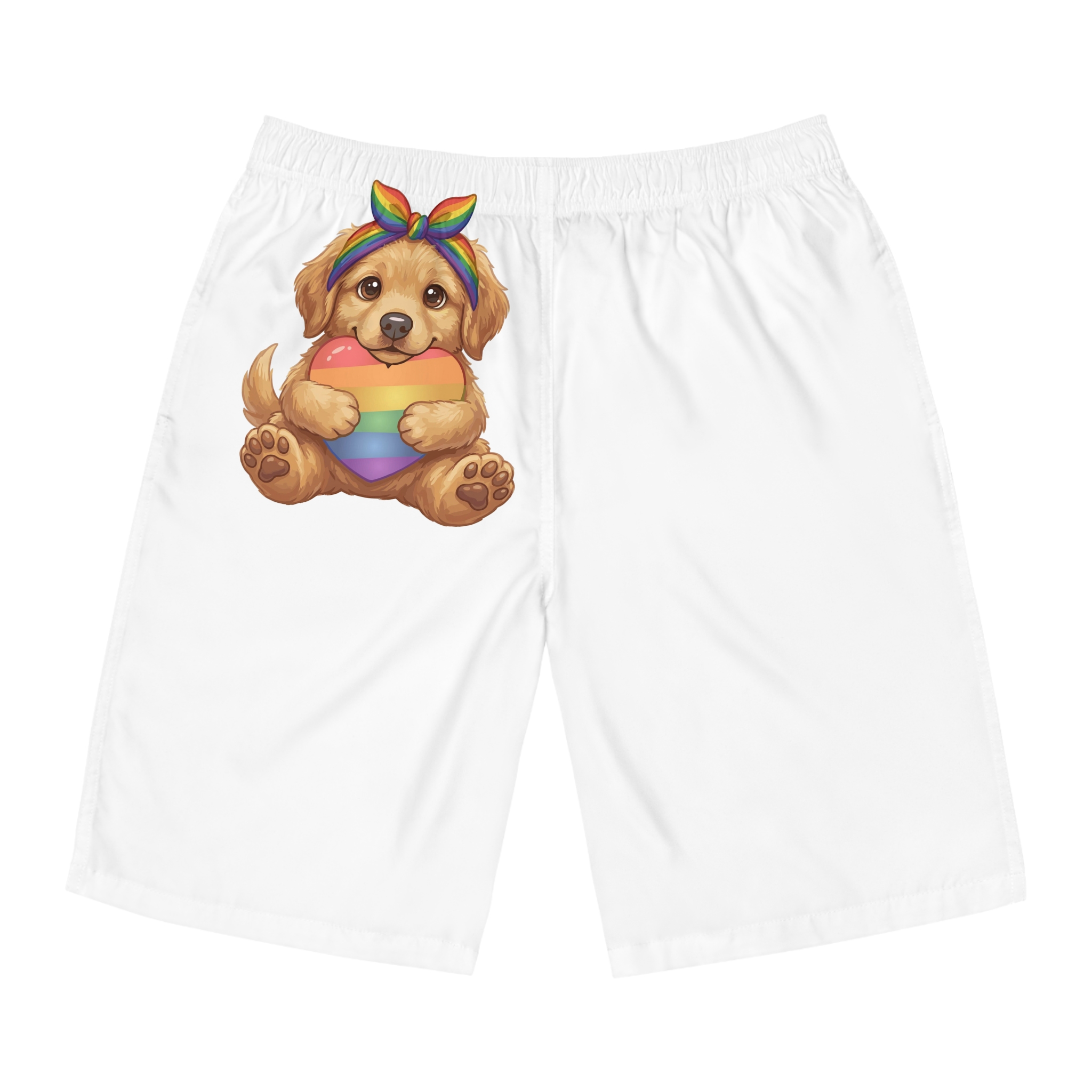 Cute Puppy Holding Rainbow Heart Pride Month Tshirt Design Mens Board Shorts Aop