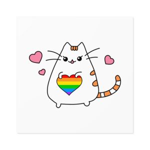 Kawaii Cat With Rainbow Heart Laminate Stickers Square