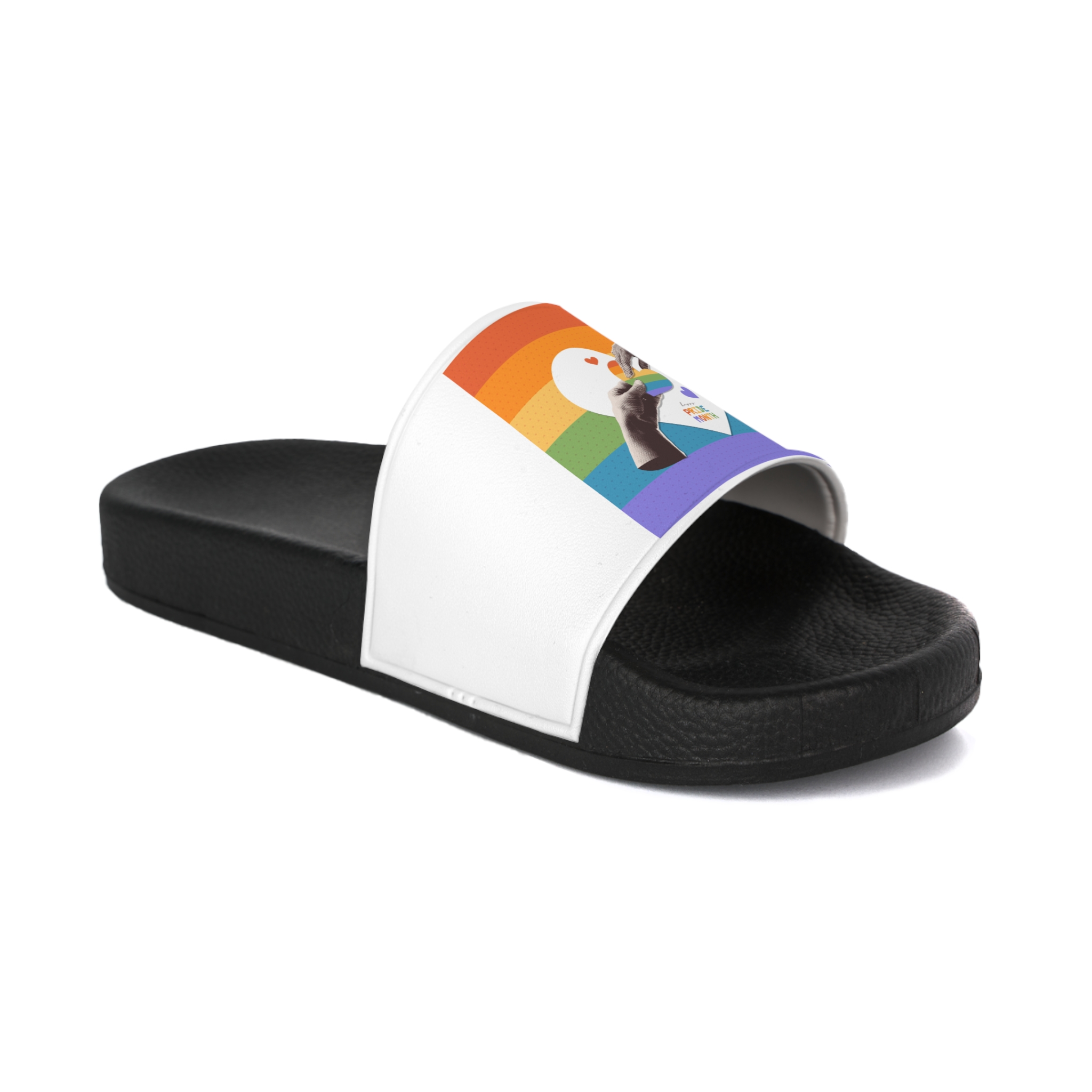 Retro Nostalgic Banner Pride Month Halftone Hands Holding Striped Heart Vintage Collage With Mens Slide Sandals - Image 2
