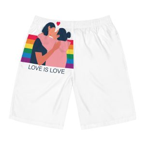 Lesbian Couple Kissing Hugging Rainbow Flag Love Is Love Mens Board Shorts Aop