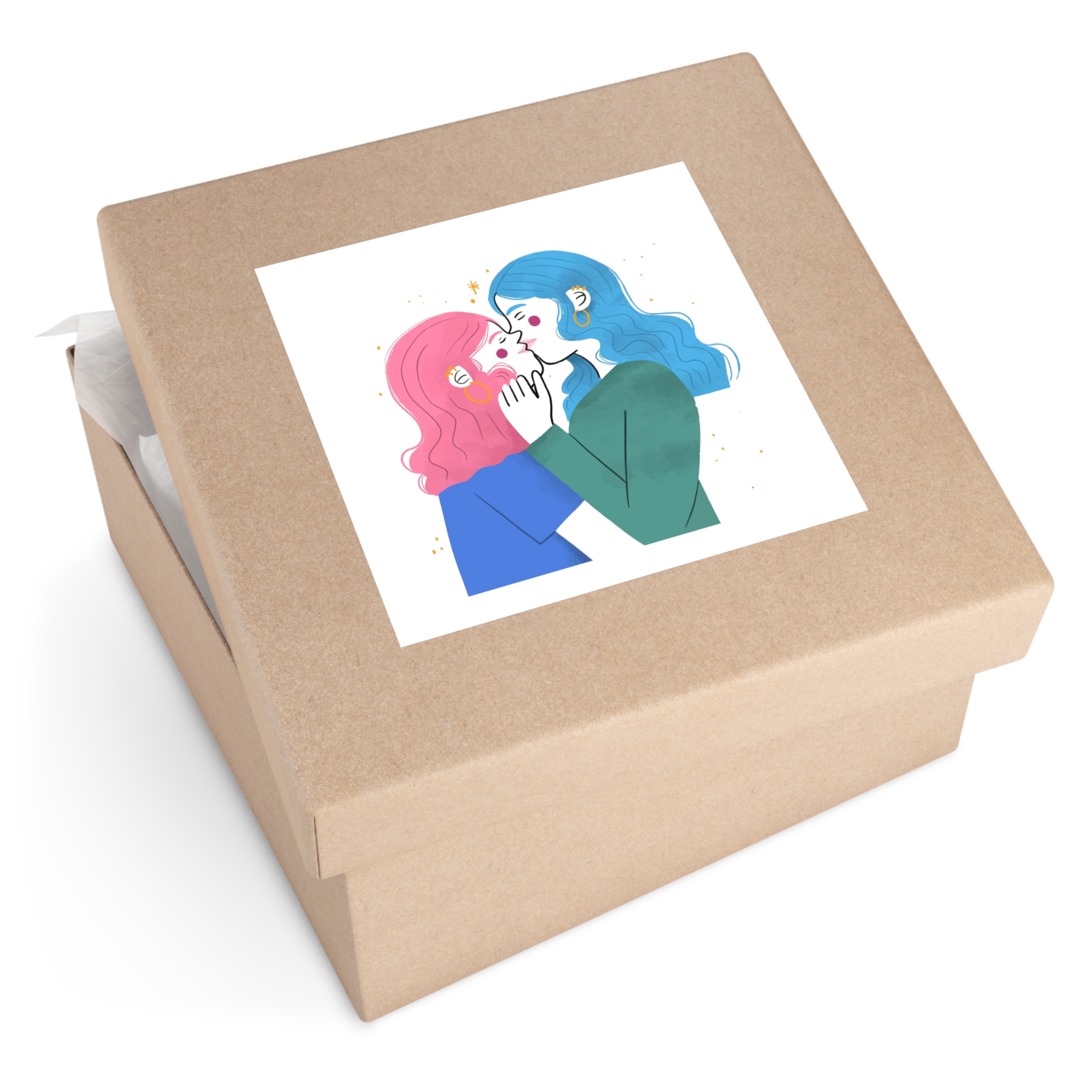 Hand Drawn Lesbian Kiss Illustration Laminate Stickers Square - Image 51