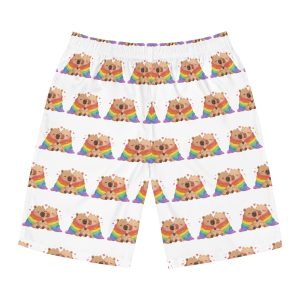 Two Capybaras Embracing Rainbow Blanket Illustration Mens Board Shorts Aop