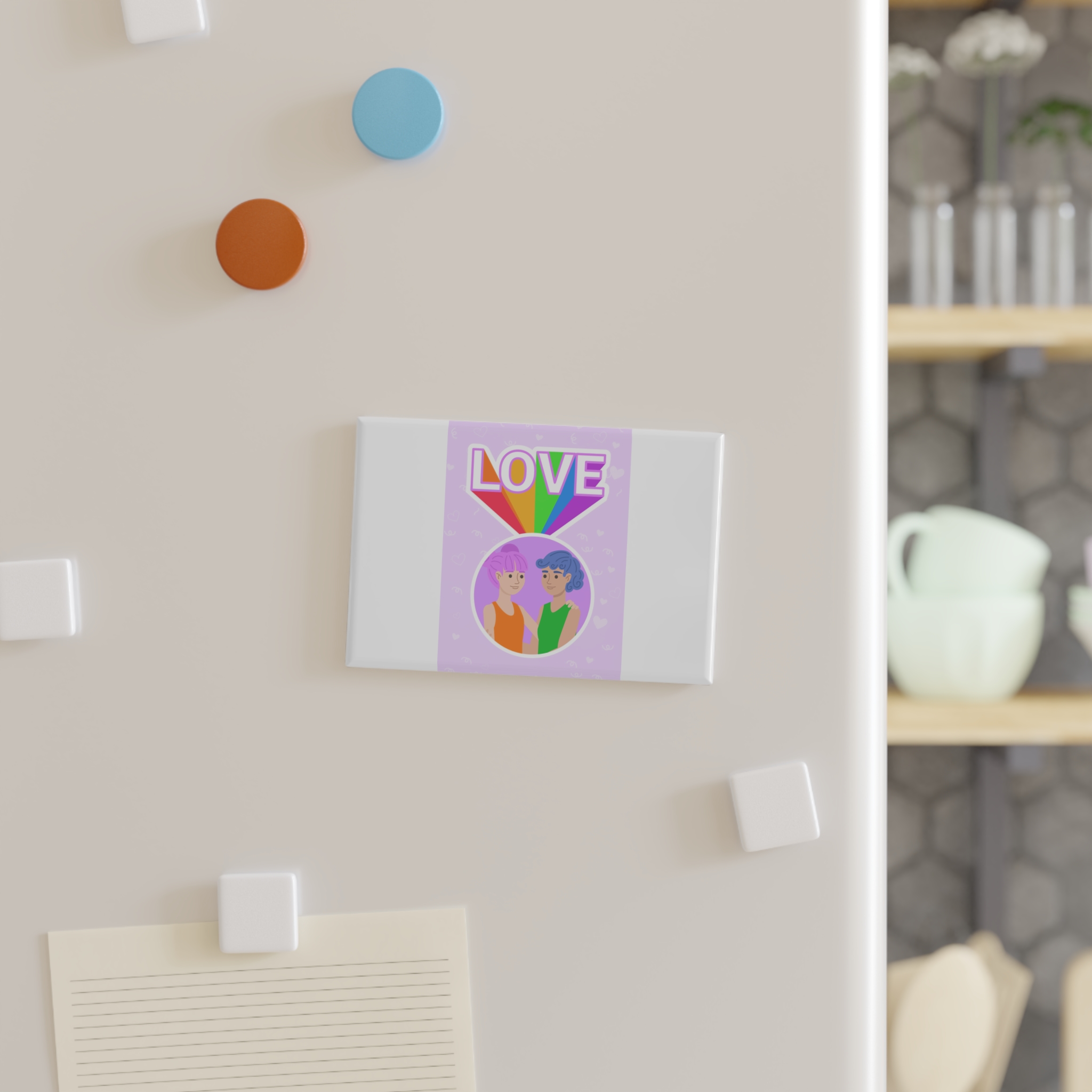 Young Couple Embracing With Rainbow Love Text Celebrating Pride Month Button Magnet Rectangle 1 And 10 Pcs - Image 3