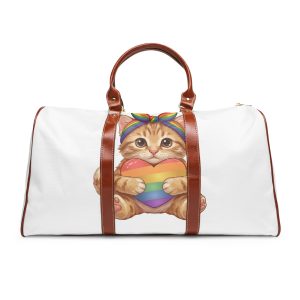 Cute Kitten Holding Rainbow Heart Pride Month Tshirt Design Waterproof Travel Bag