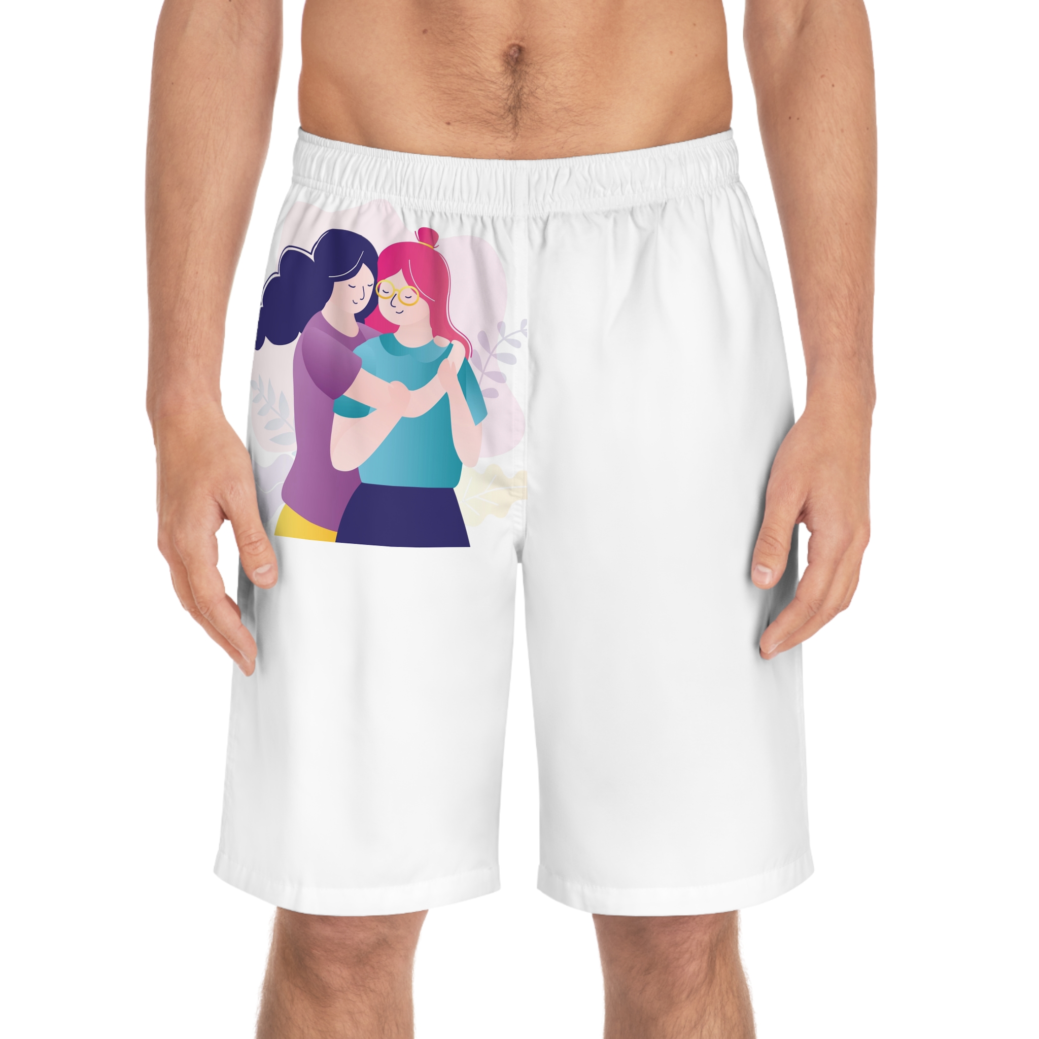 Colorful Portrait Two Best Friends Cute Homosexual Couple Hugging Women Hug Each Other Mens Board Shorts Aop - Image 3