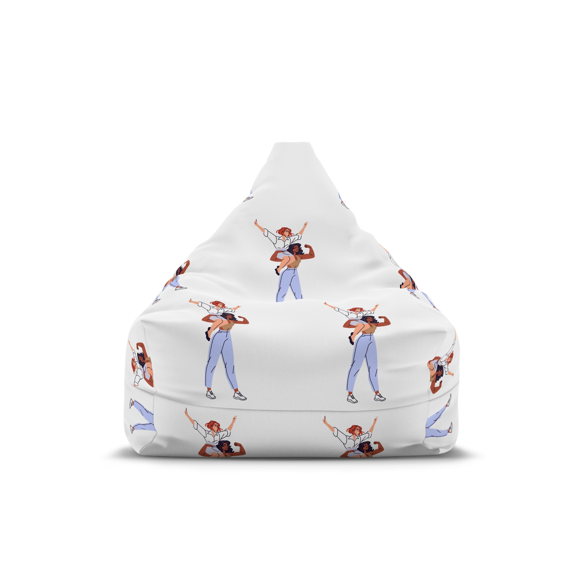 Happy Feminists Celebrate Success Winning Diverse Women Cheer Hands Up Support Feminism Strong Girl Holds Her Friend Shoulder Flat Isolated Vector Illustration White Background Bean Bag Chair Cover